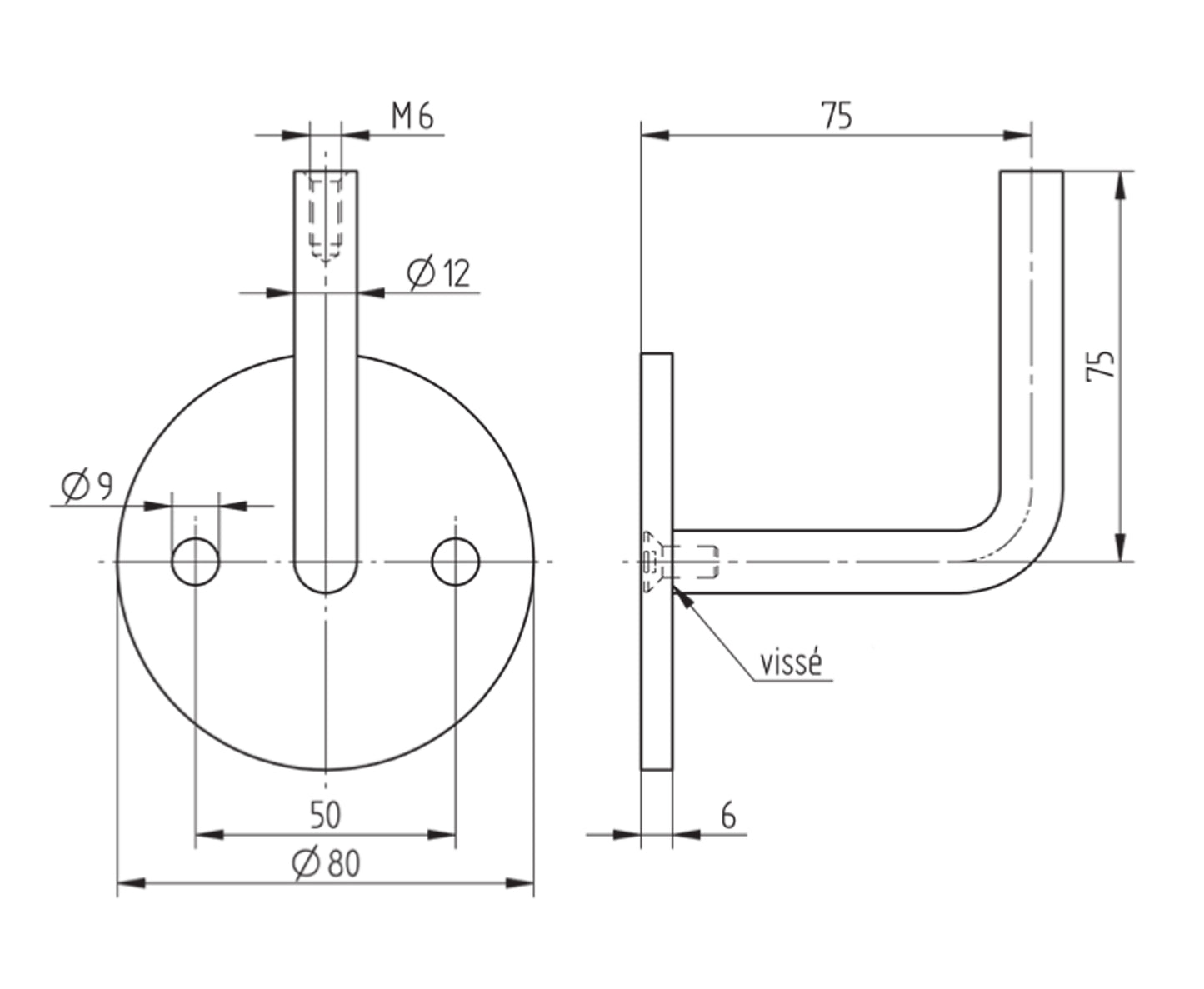 Support de Main Courante Inox – Support mural universel – Ref. 17 - schema