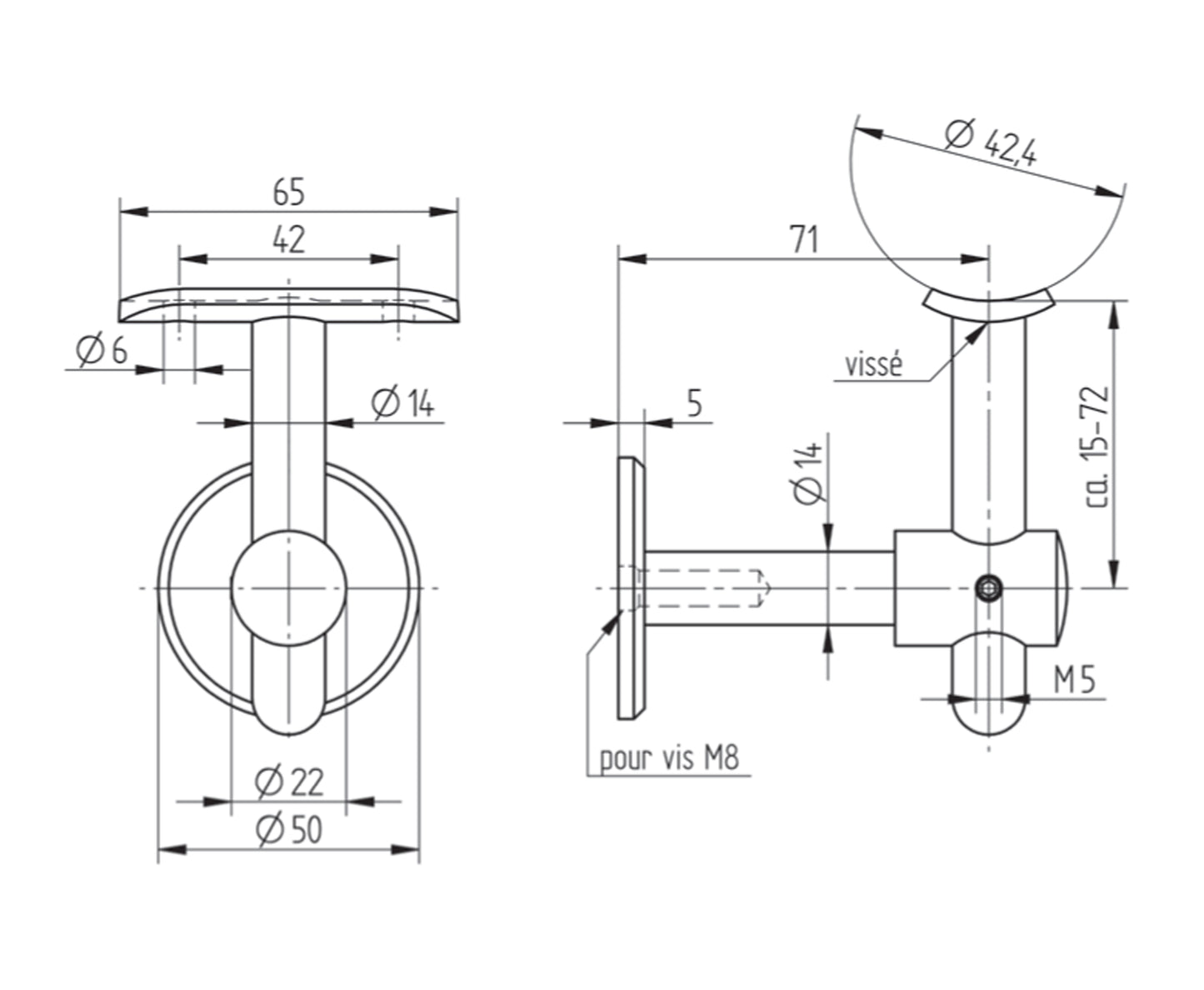 Support de Main Courante Inox – Support raccord – Ref. 34 - schema