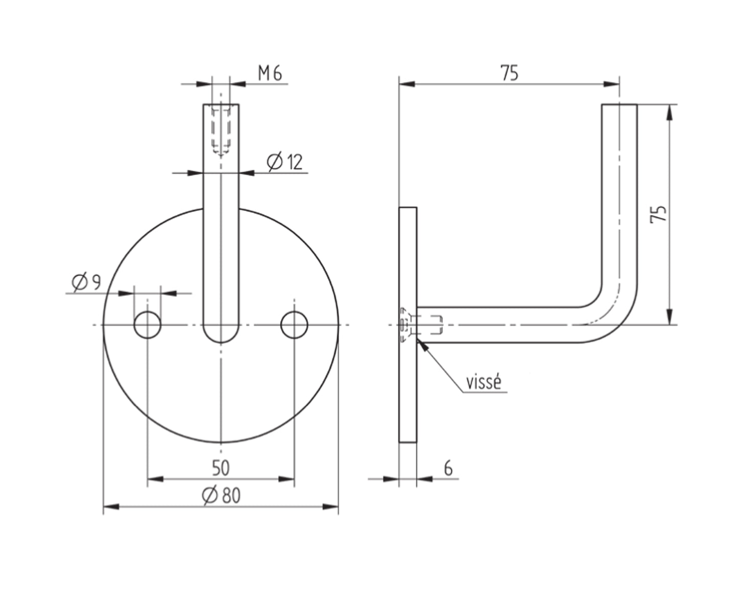 Support de Main Courante Inox – Support mural angle variable – Ref. 15 - schema