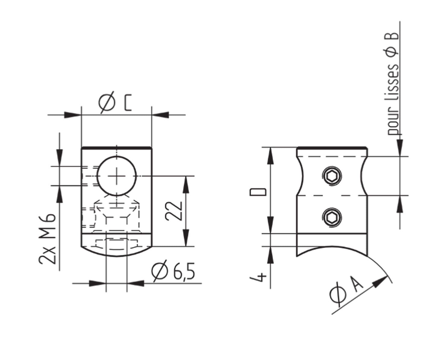 Support de Lisse Inox Tube Rond - schema technique