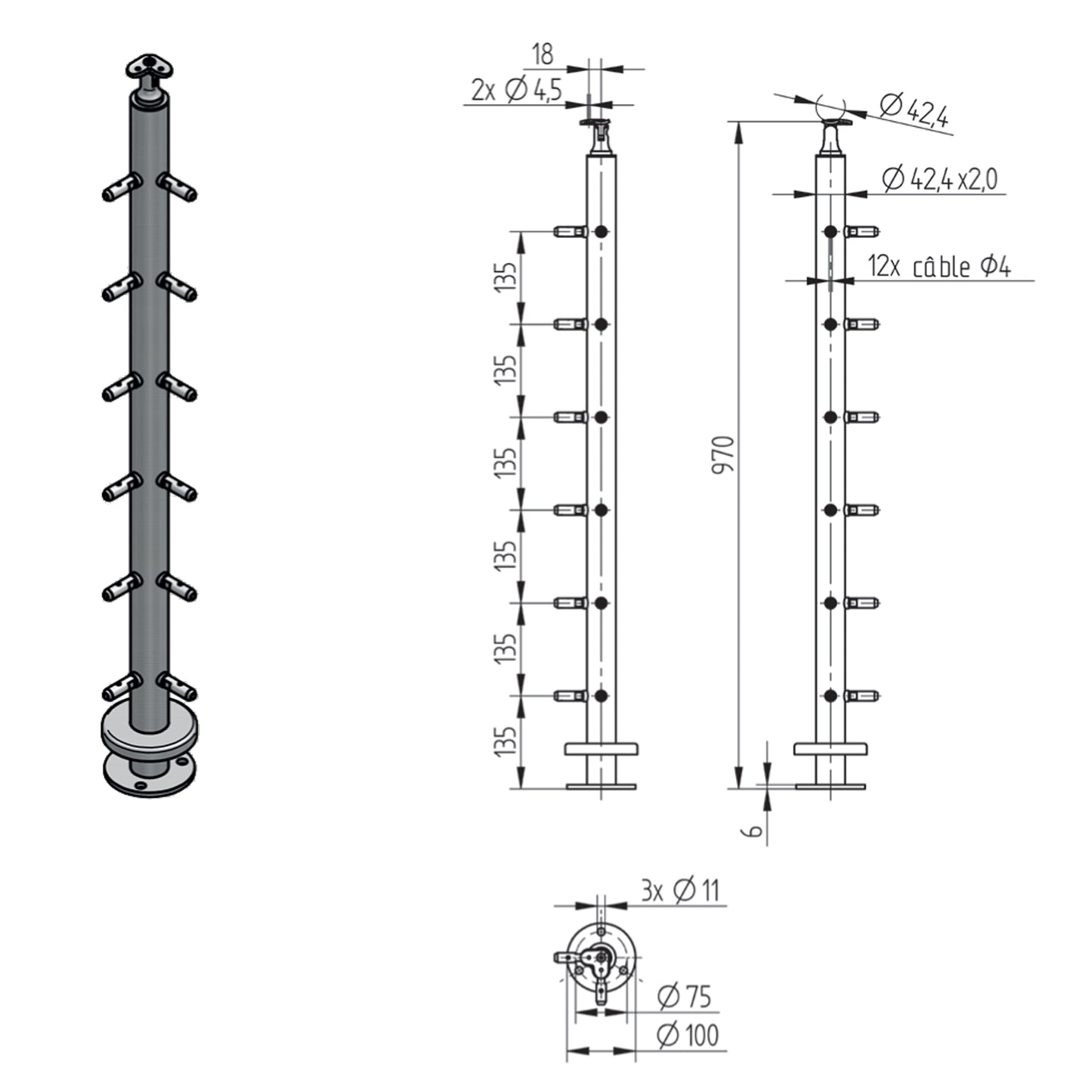 Poteau d'Extrémité Câble 4mm Inox – Ref. 15 - photo