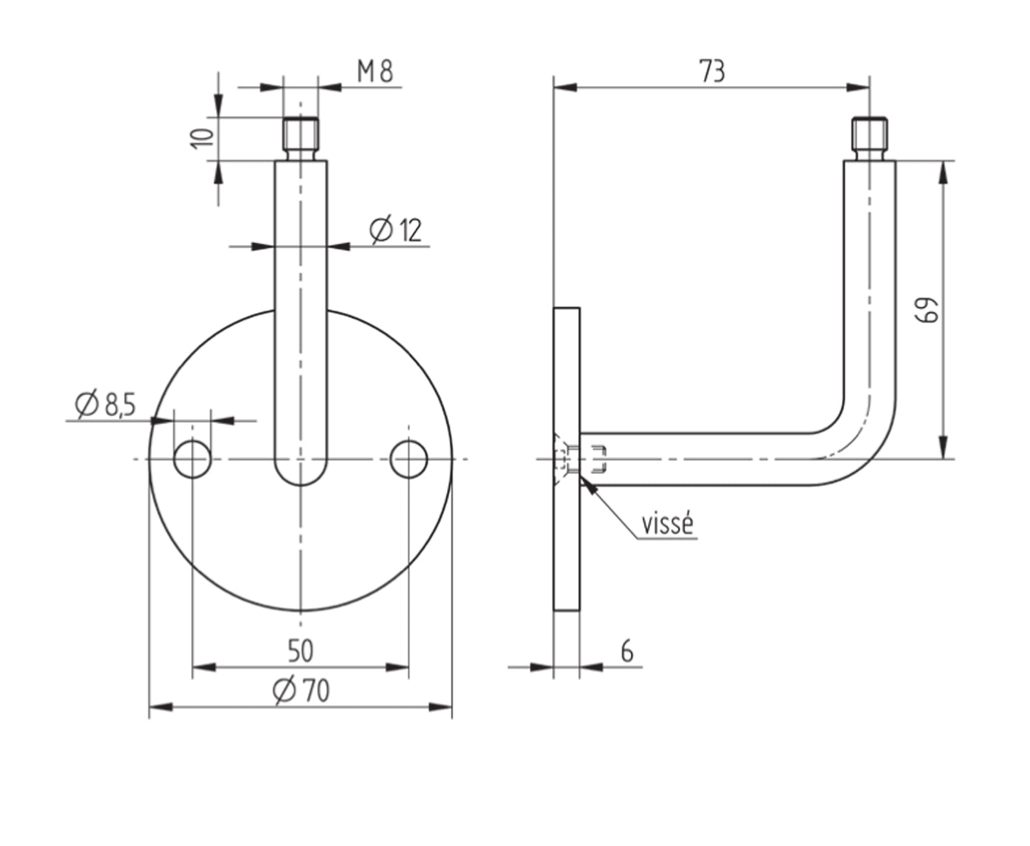 Support de Main Courante Inox – Support sol carré – Ref. 22 - schema