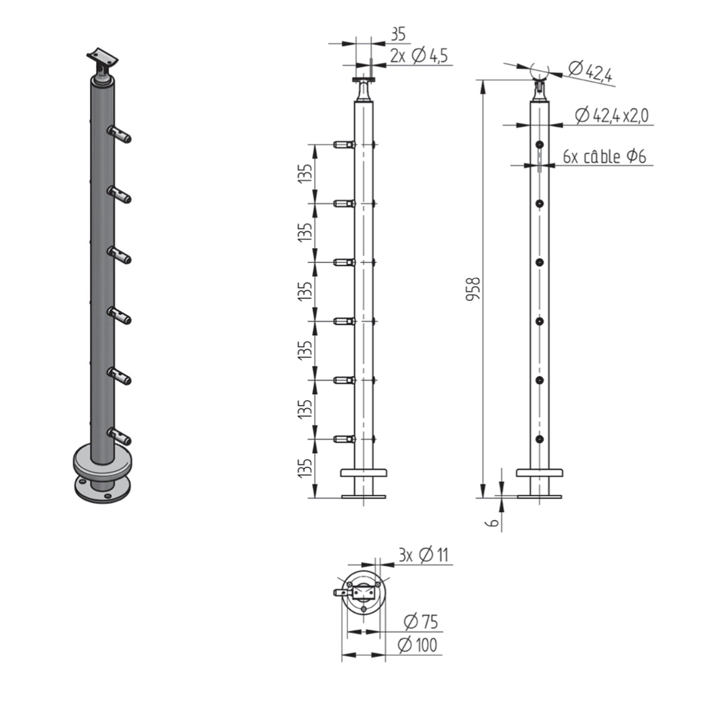 Poteau d'Extrémité Câble 6mm Inox – Ref. 16 - photo