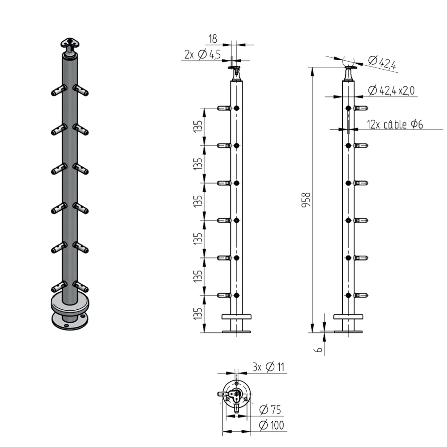 Poteau d'Angle Câble 6mm Inox – Ref. 18 - photo