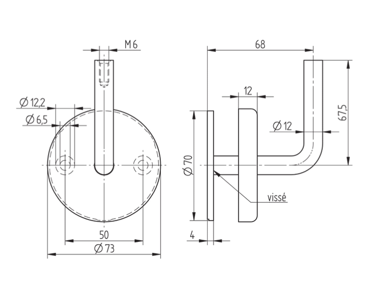 Support de Main Courante Inox – Support mural vissé – Ref. 19 - schema