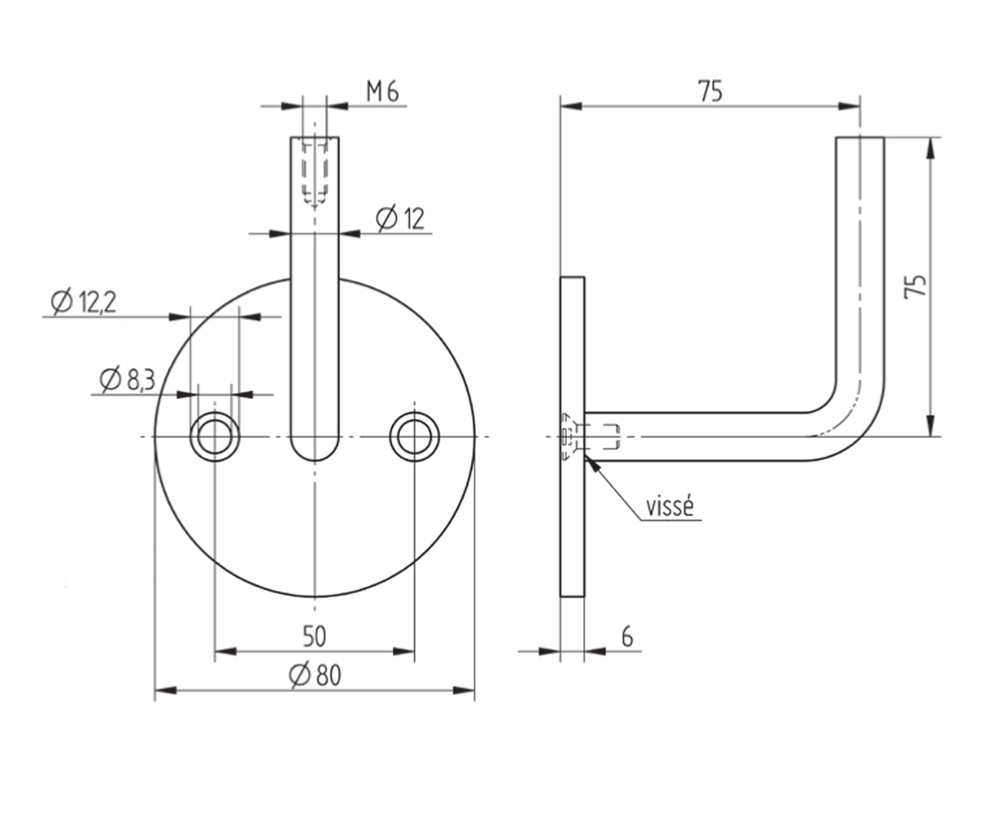 Support de Main Courante Inox – Support mural soudé – Ref. 18 - schema