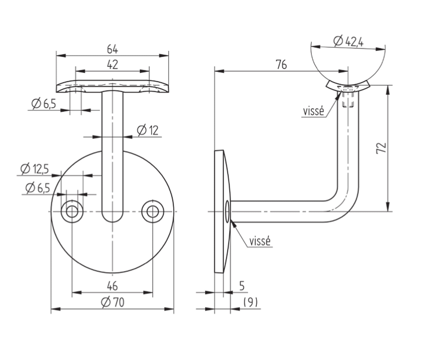 Support de Main Courante Inox – Support extrémité rond – Ref. 30 - schema