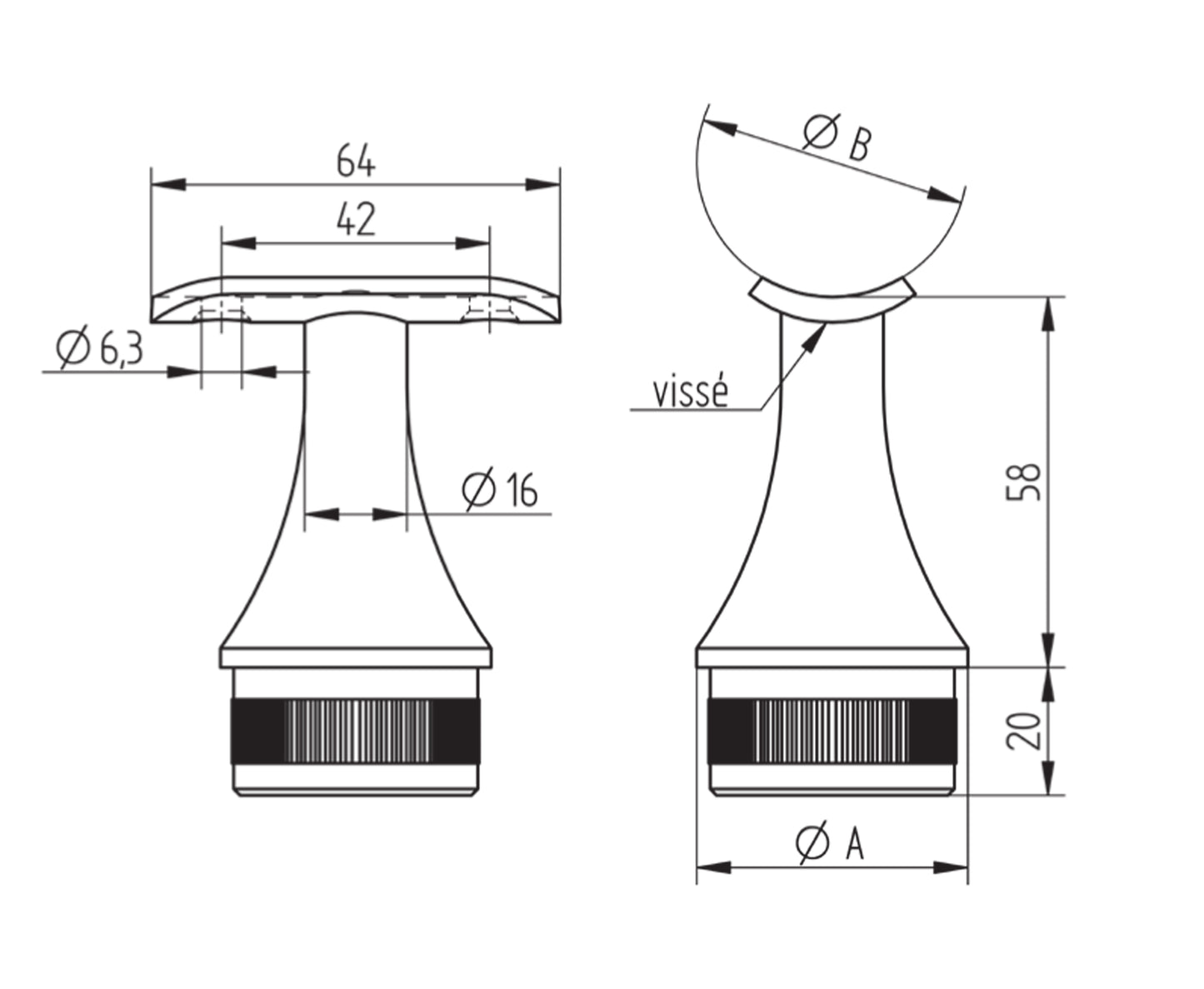 Support de Main Courante Inox – Support fixation béton – Ref. 59 - schema