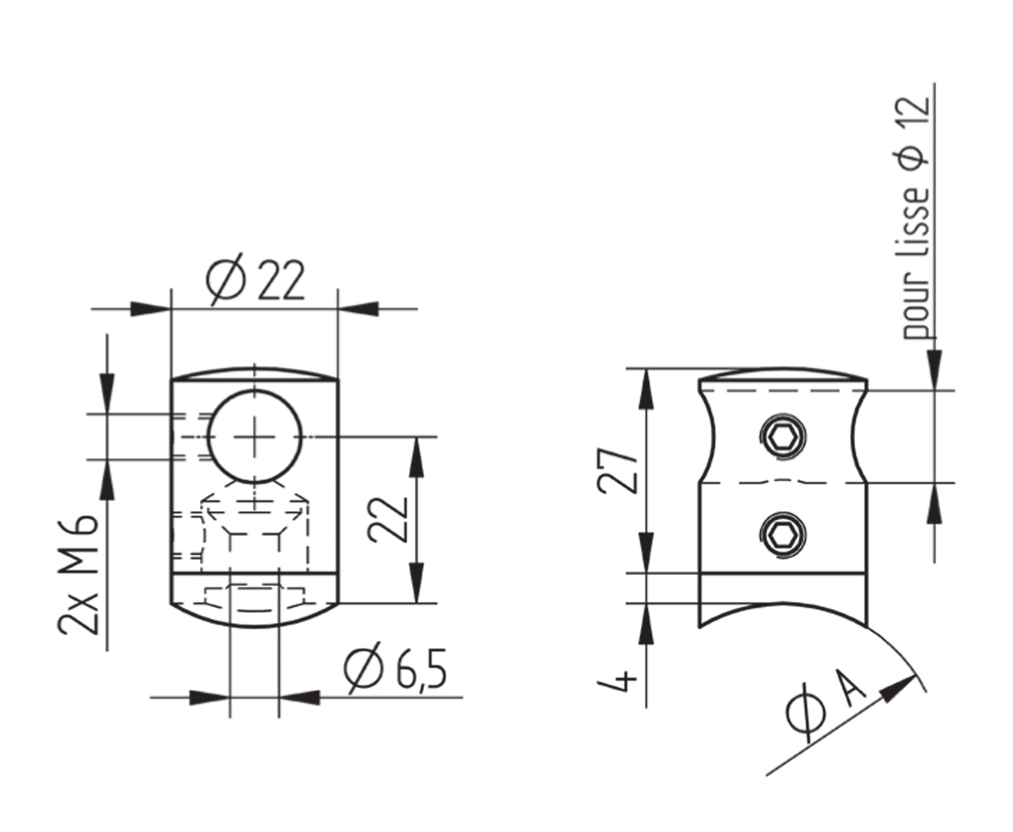 Support de Lisse Inox Traversant - schema technique