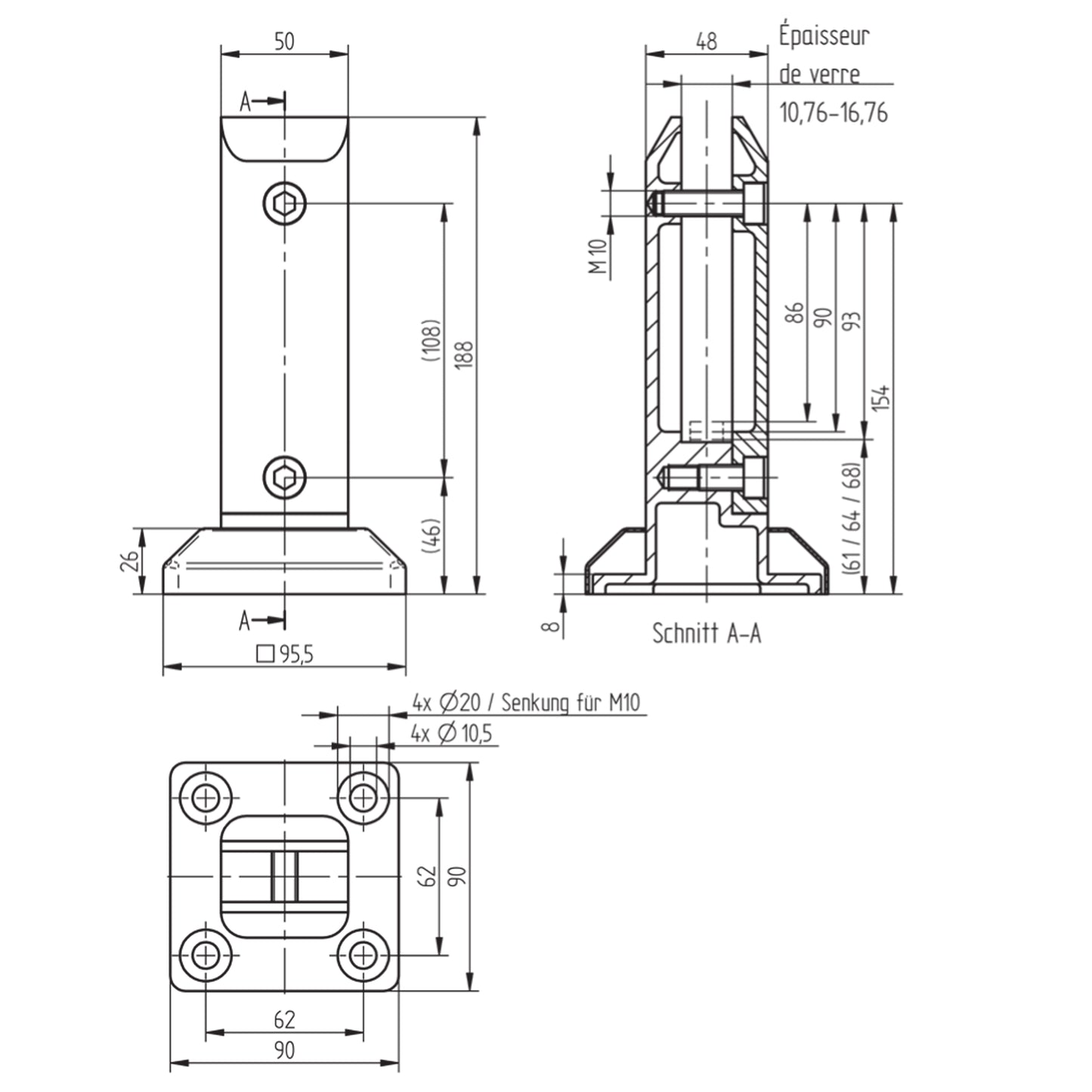 Pince a Verre au Sol Carre Inox Ref 48 schema