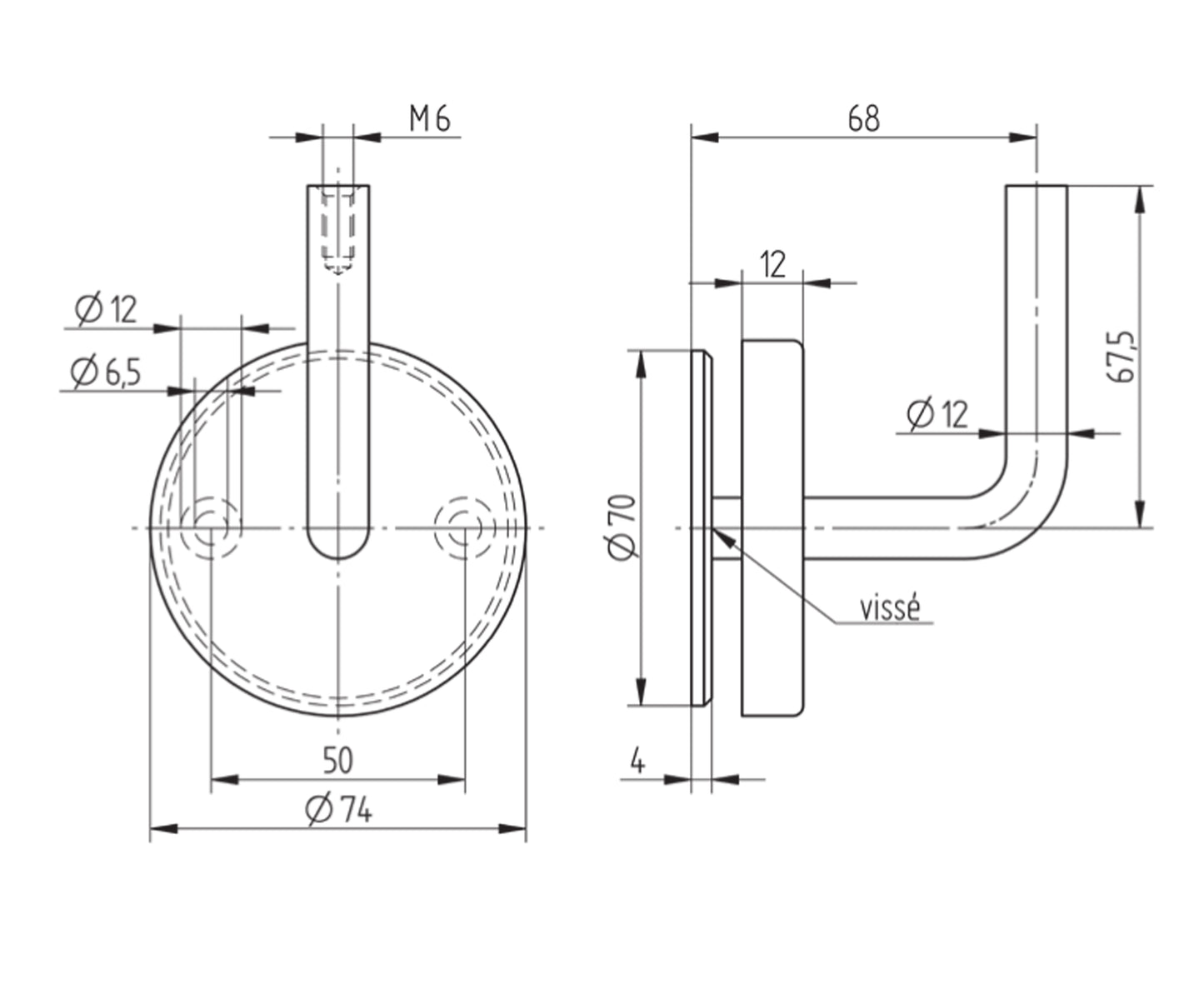 Support de Main Courante Inox – Support mural embout – Ref. 20 - schema