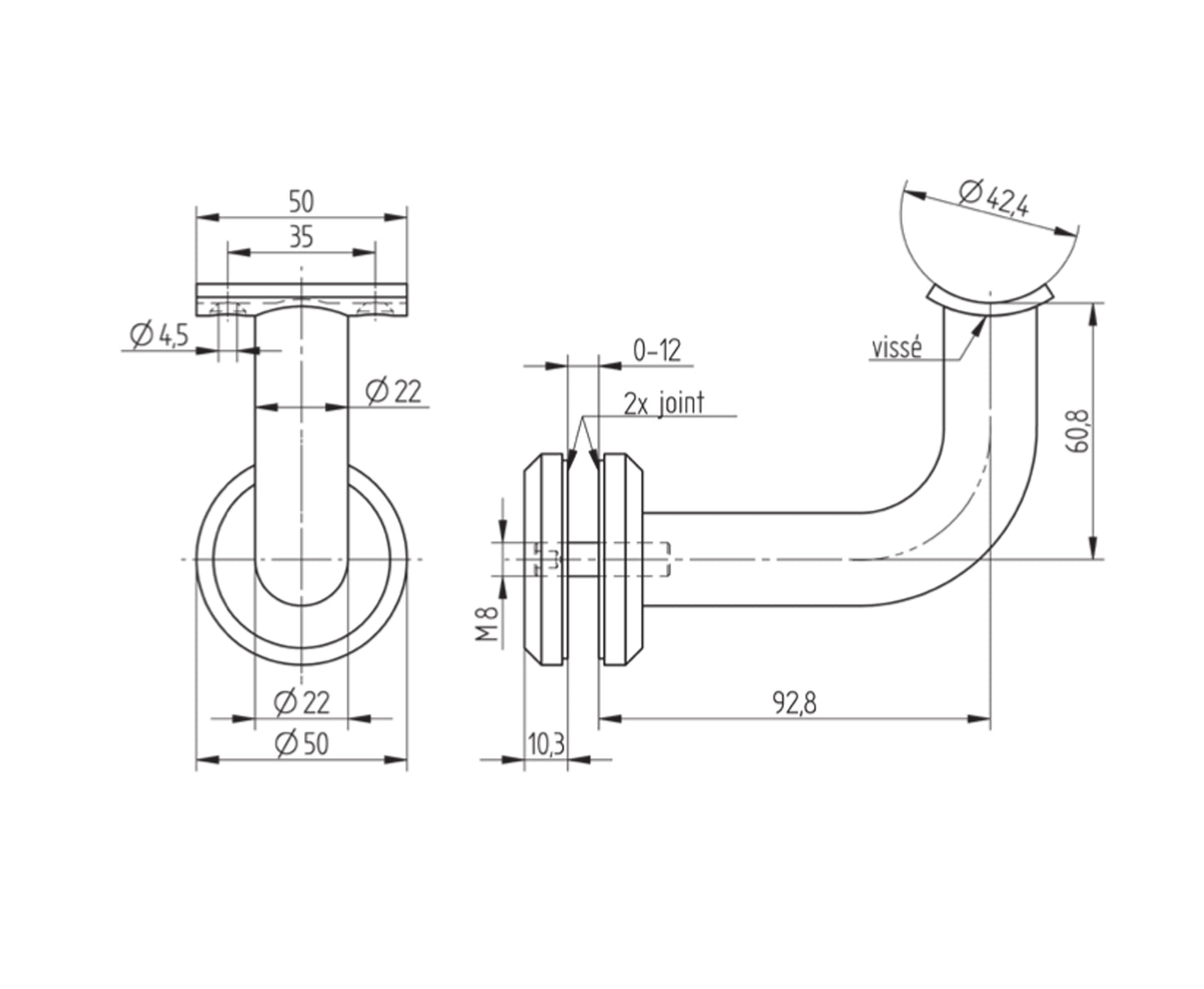 Support de Main Courante Inox – Support escalier gauche – Ref. 40 - schema