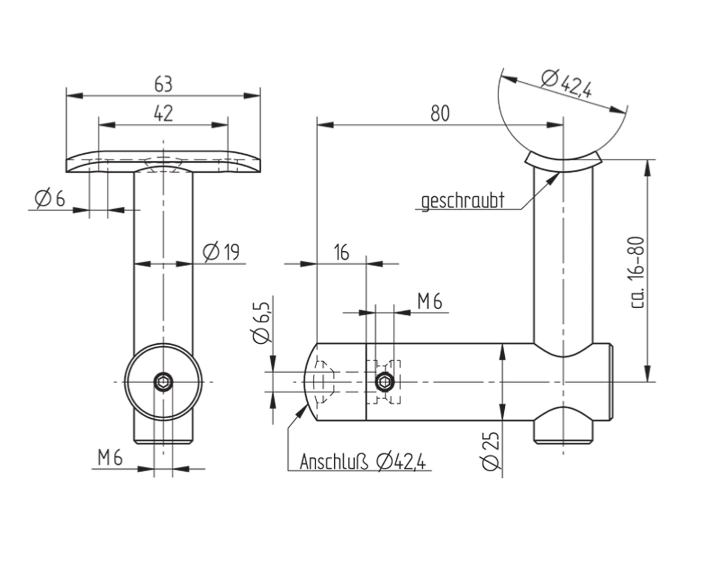 Support de Main Courante Inox – Support encastré – Ref. 36 - schema