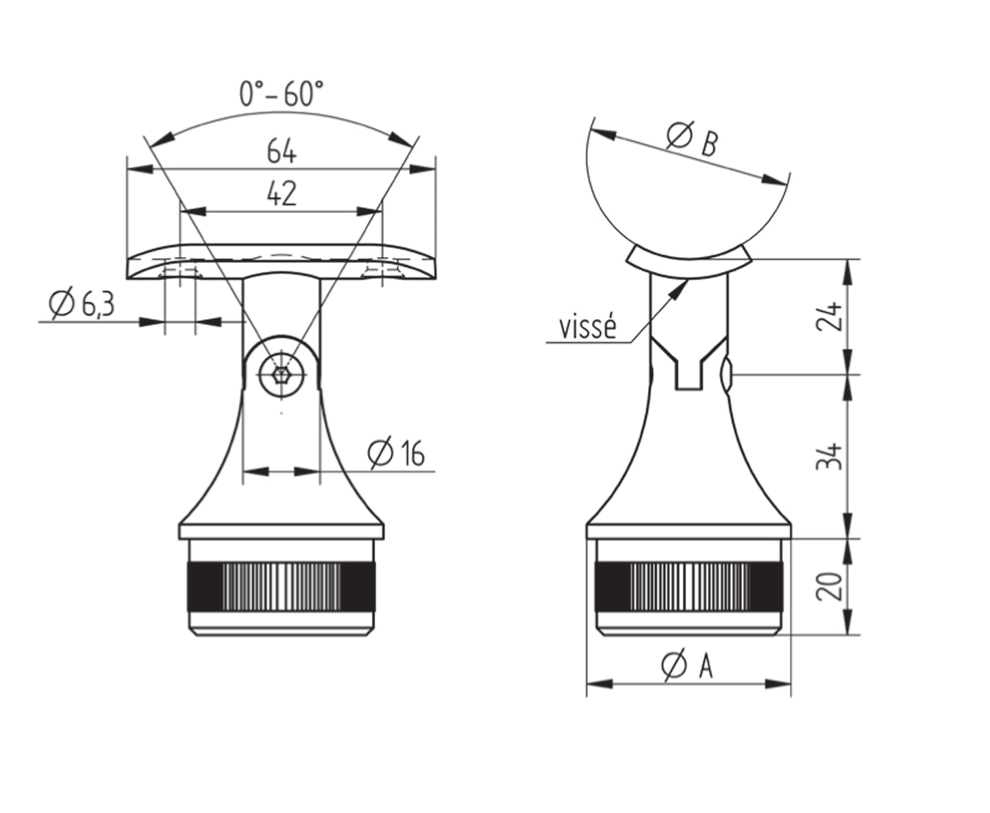 Support de Main Courante Inox – Support fixation métal – Ref. 60 - schema