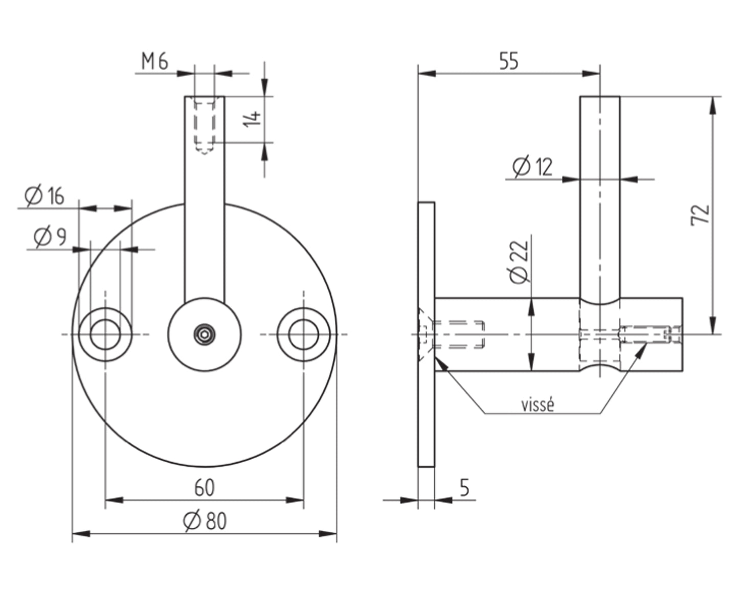 Support de Main Courante Inox – Support mural articulé – Ref. 02 - schema