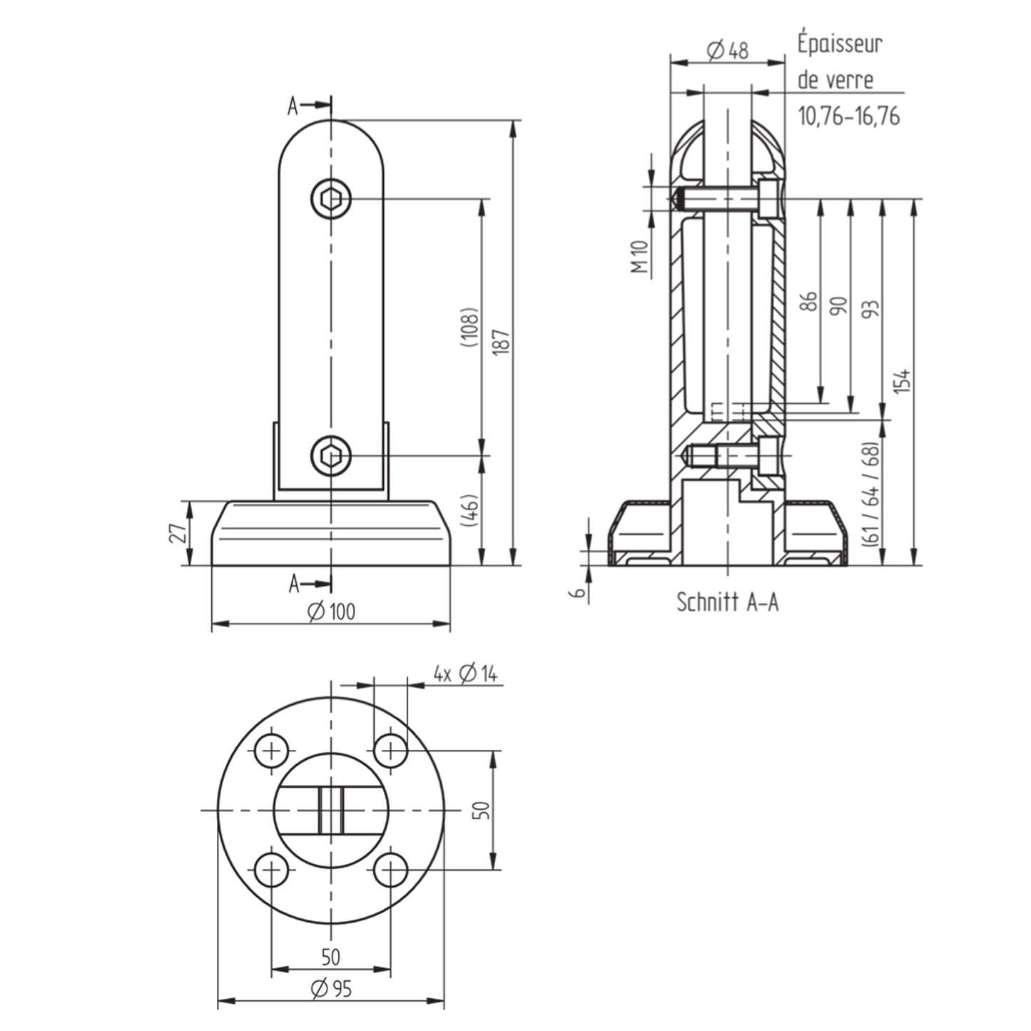 Pince a Verre au Sol Rond Inox Ref 47 schema