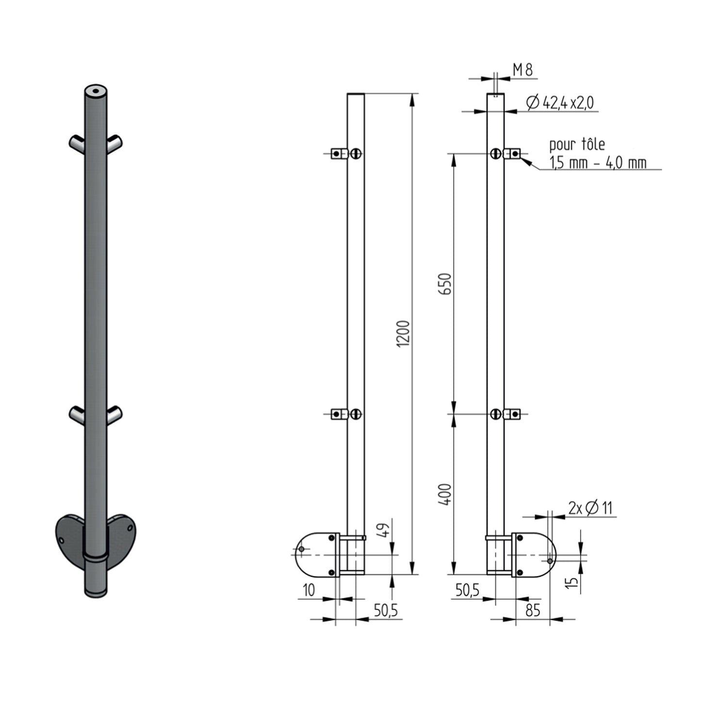Poteau d'Angle Pinces Verre Fixation Lat. Inox – Ref. 50 - photo
