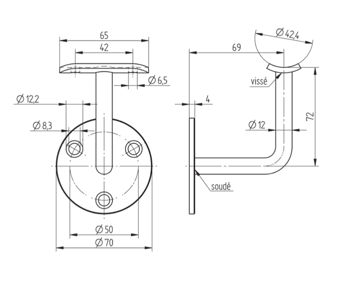 Support de Main Courante Inox – Support intermédiaire rond – Ref. 28 - schema