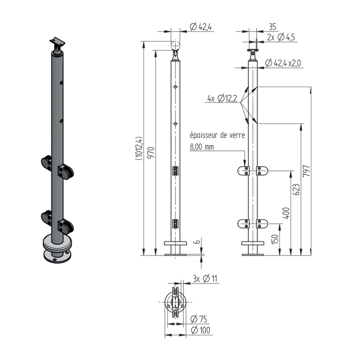Poteau Intermédiaire Mite Pinces Verre Inox – Ref. 25 - photo