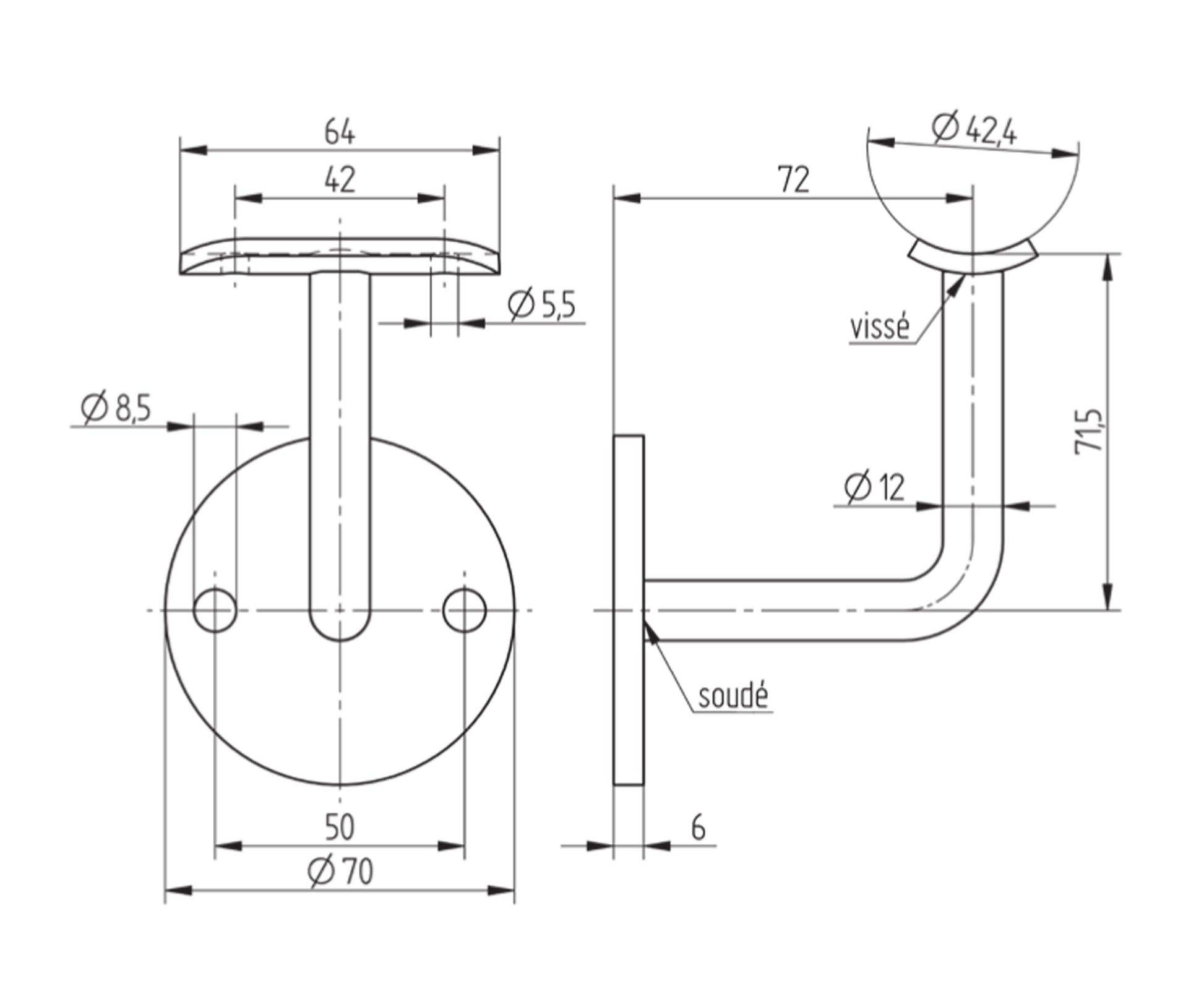 Support de Main Courante Inox – Support angle intérieur – Ref. 26 - schema
