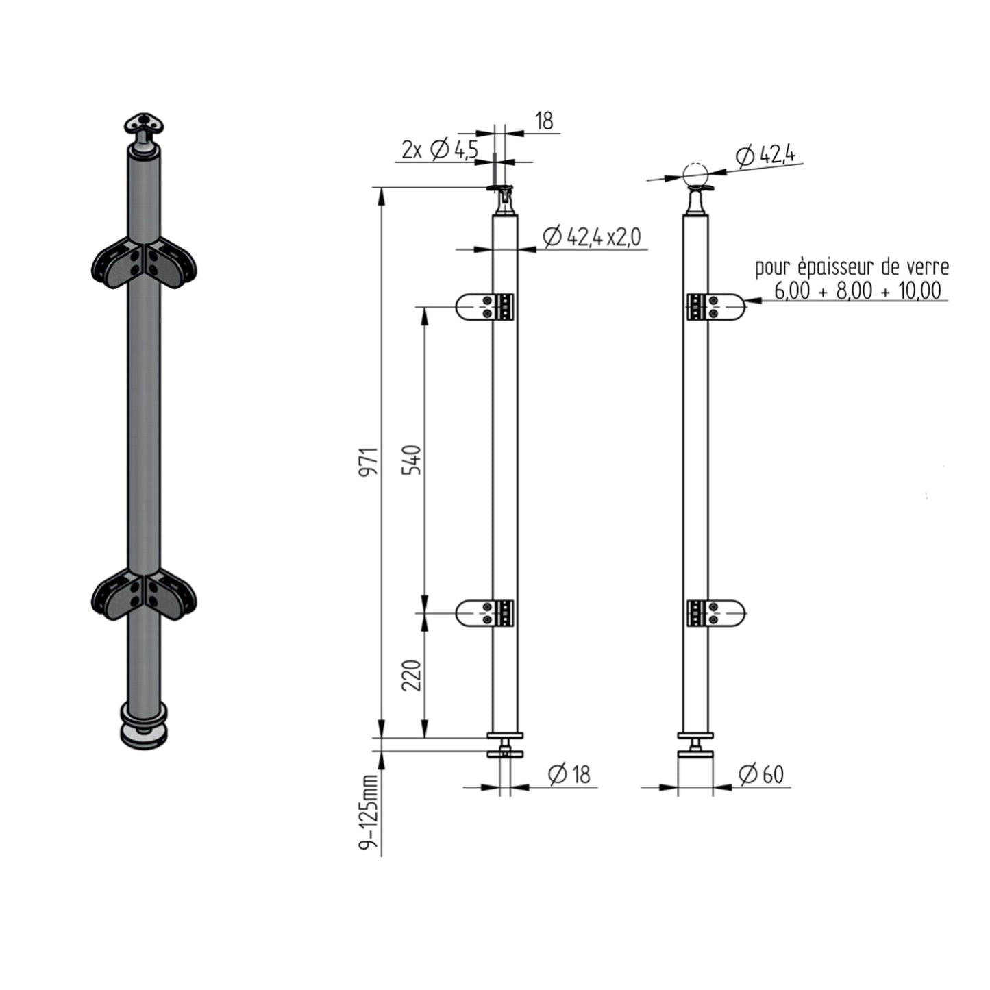Poteau d'Angle Escalier Pinces Inox – Ref. 38 - photo
