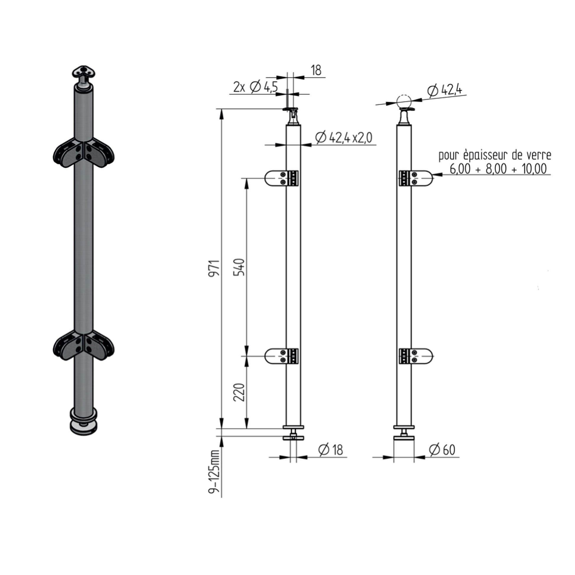 Poteau d'Angle Escalier Pinces Inox – Ref. 38 - photo