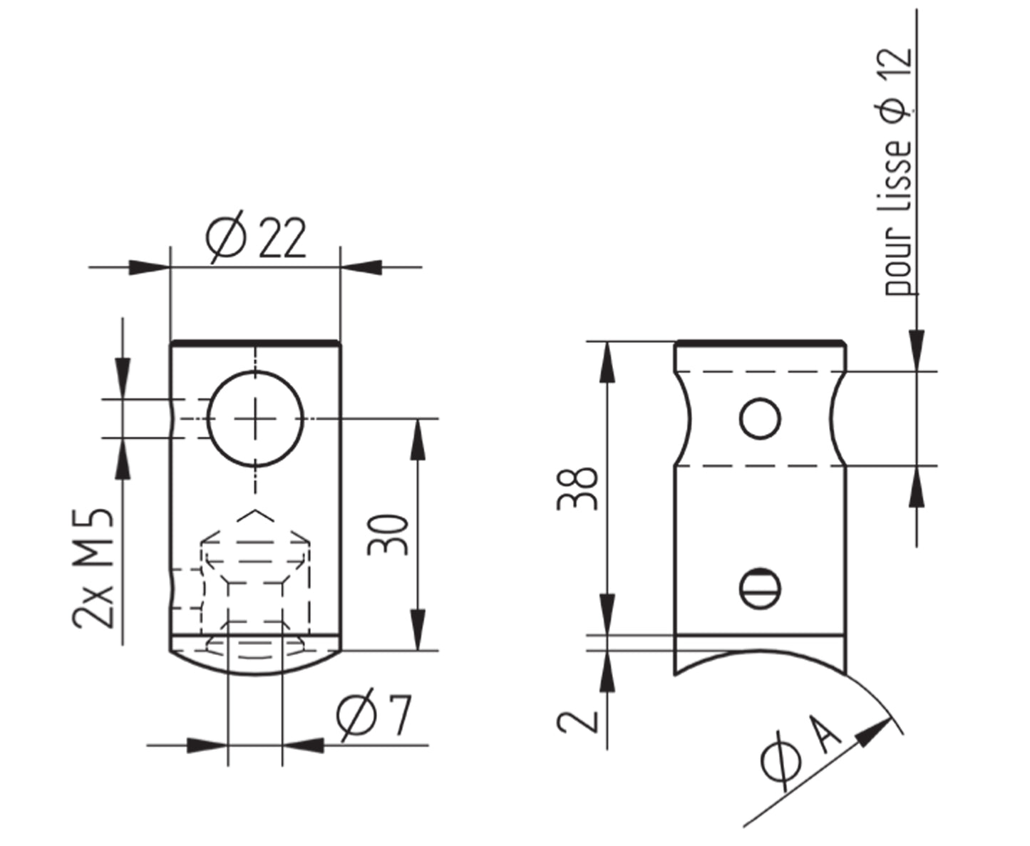 Support de Lisse Inox Tube Carré - schema technique