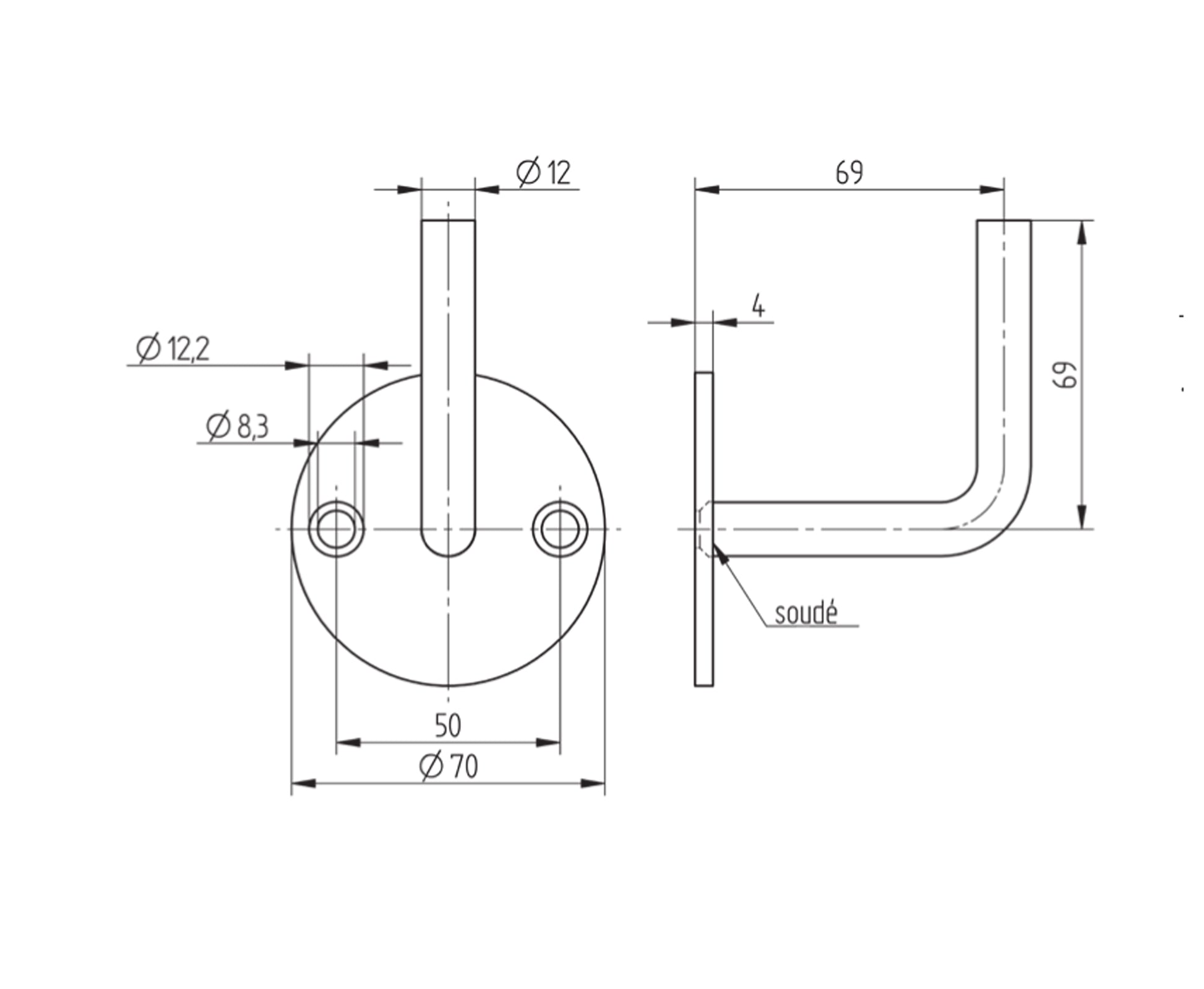 Support de Main Courante Inox – Support mural slim – Ref. 07 - schema