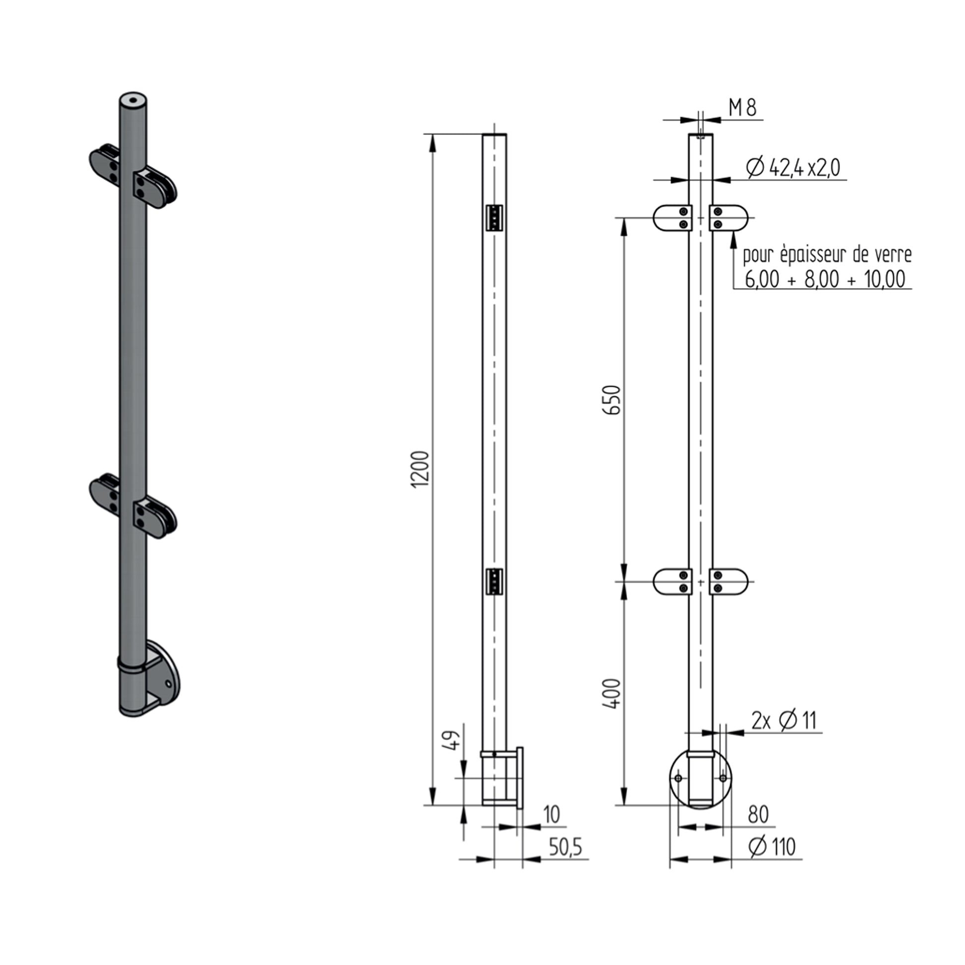 Poteau d'Extrémité Pinces Verre Fixation Lat. Inox – Ref. 44 - photo