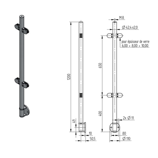 Poteau d'Extrémité Pinces Verre Fixation Lat. Inox – Ref. 44 - photo