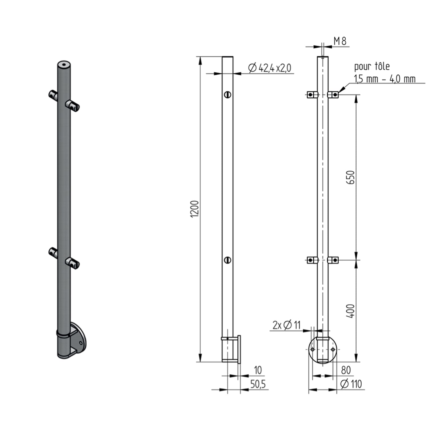 Poteau Intermédiaire Pinces Tôle Fixation Lat. Inox – Ref. 48 - photo