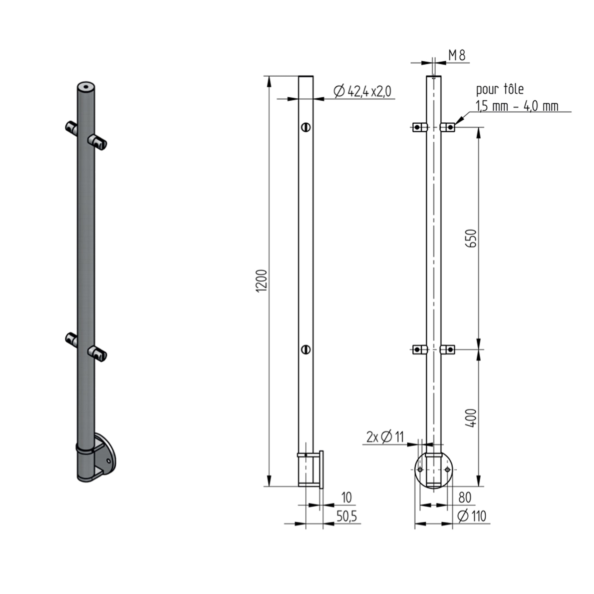 Poteau Intermédiaire Pinces Tôle Fixation Lat. Inox – Ref. 48 - photo