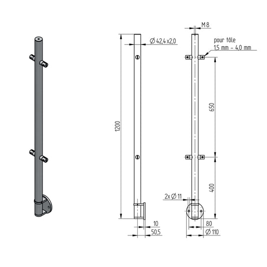 Poteau Intermédiaire Pinces Tôle Fixation Lat. Inox – Ref. 48 - photo
