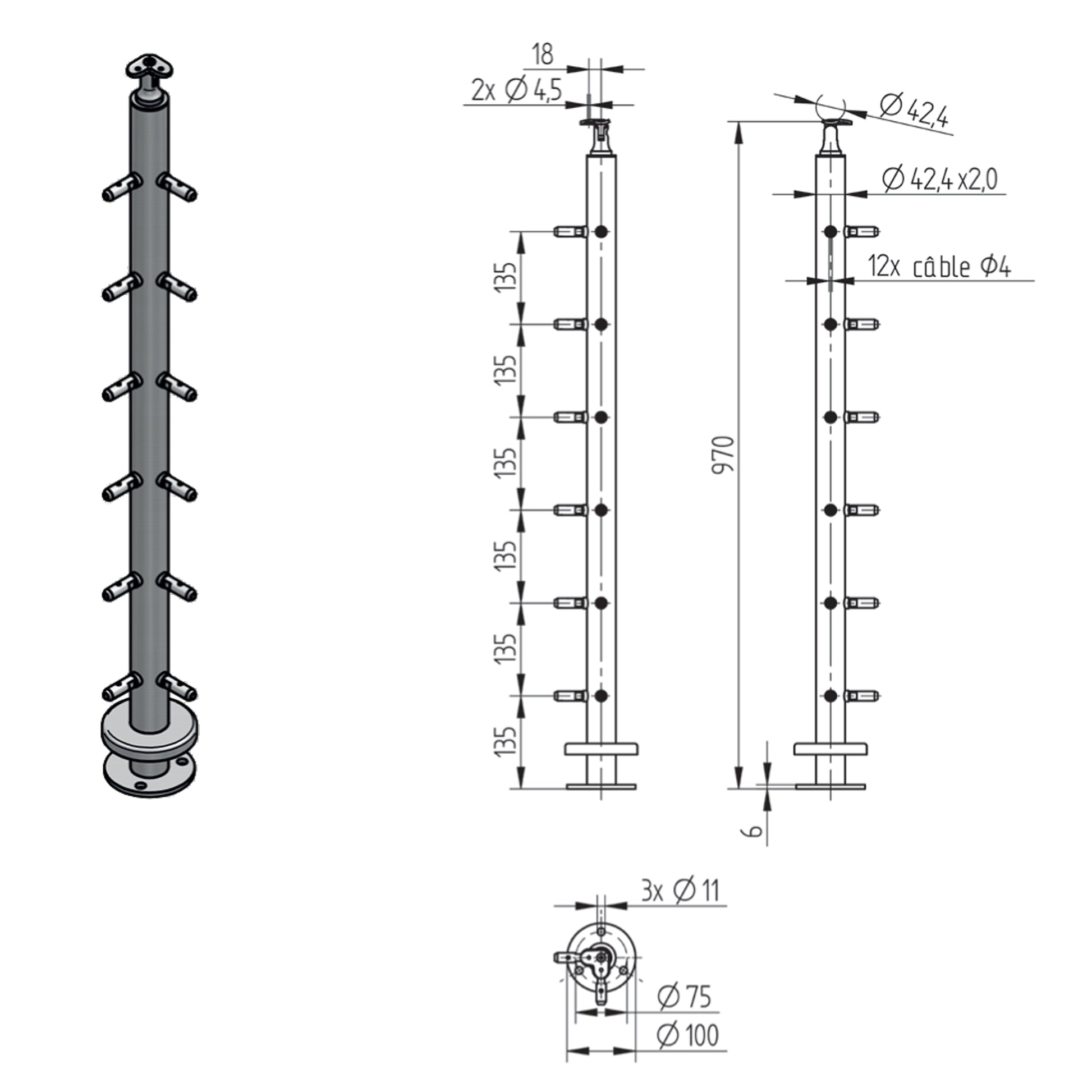 Poteau d'Extrémité Câble 4mm Inox – Ref. 15 - photo