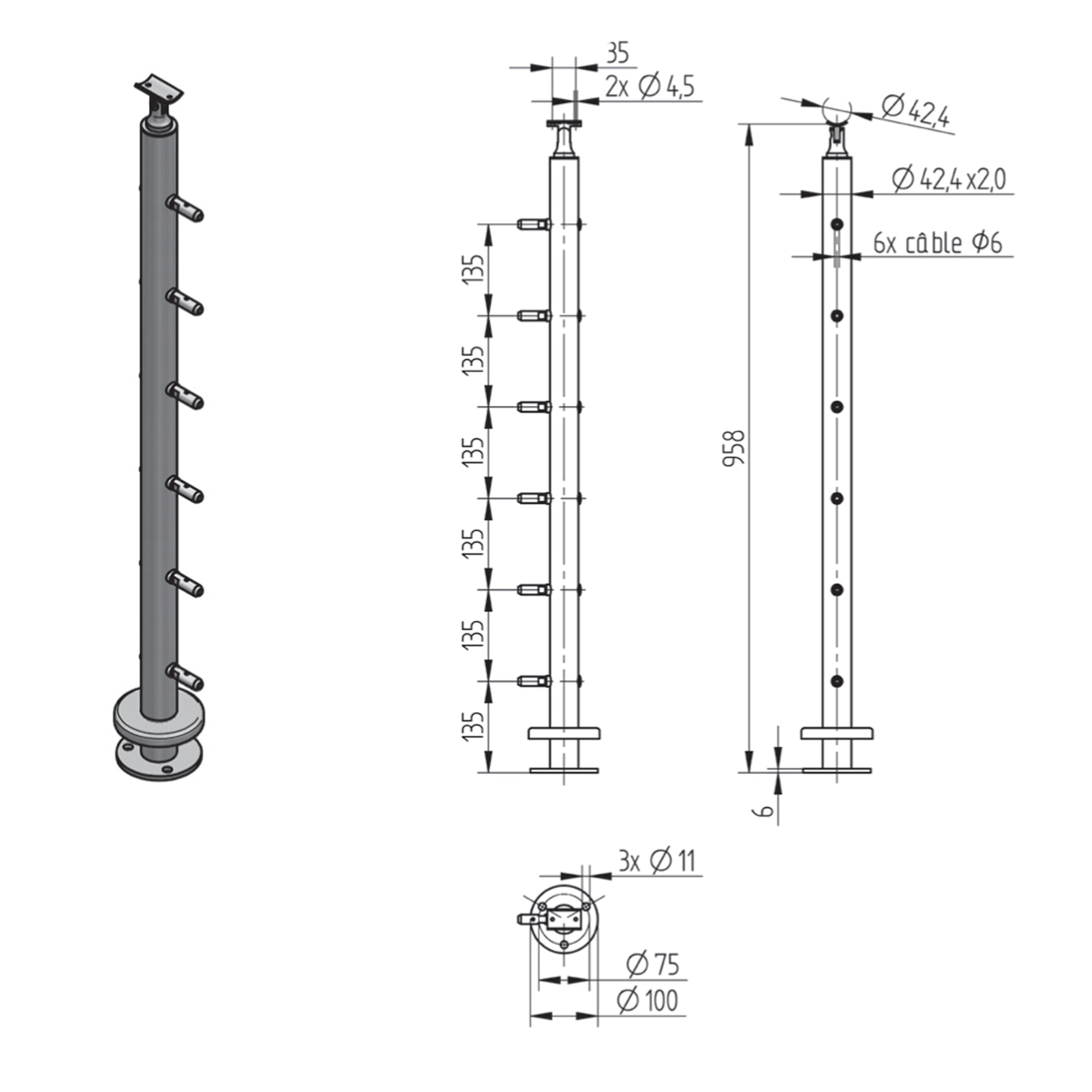 Poteau d'Extrémité Câble 6mm Inox – Ref. 16 - photo