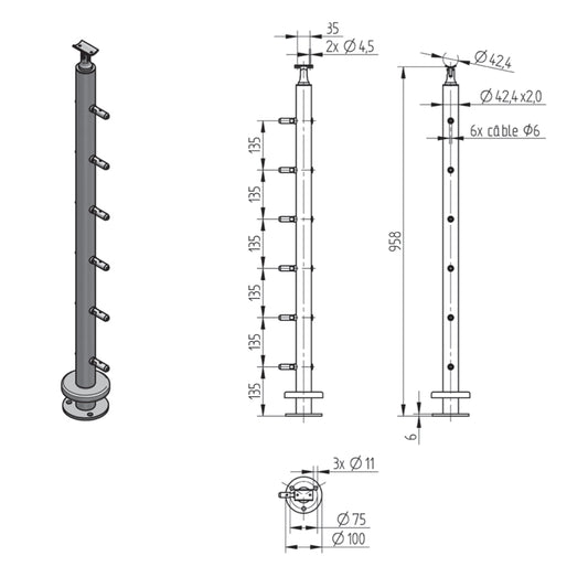 Poteau d'Extrémité Câble 6mm Inox – Ref. 16 - photo