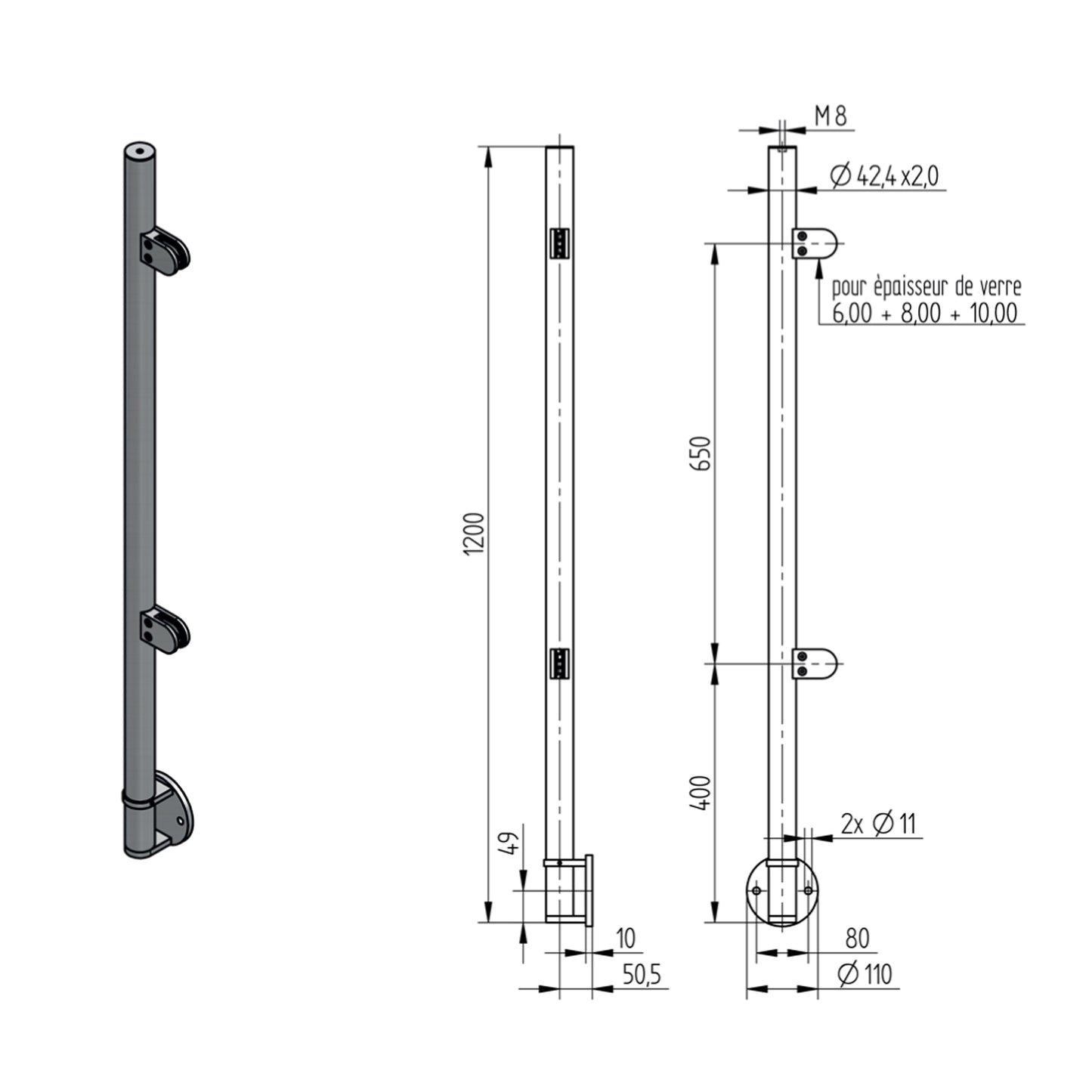 Poteau d'Extrémité Pinces Verre Fixation Lat. Inox – Ref. 43 - photo
