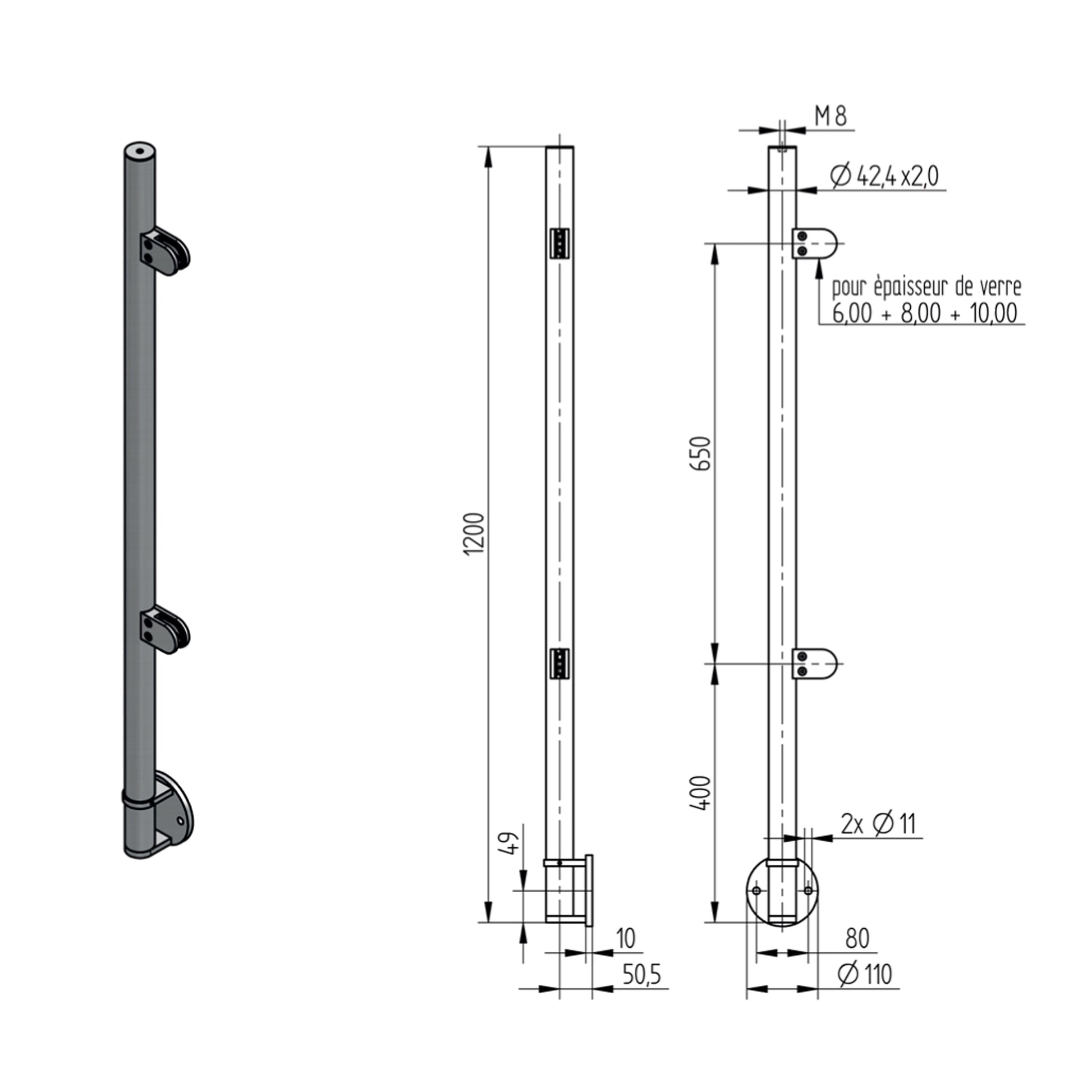 Poteau d'Extrémité Pinces Verre Fixation Lat. Inox – Ref. 43 - photo