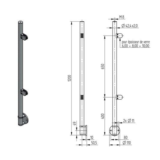 Poteau d'Extrémité Pinces Verre Fixation Lat. Inox – Ref. 43 - photo