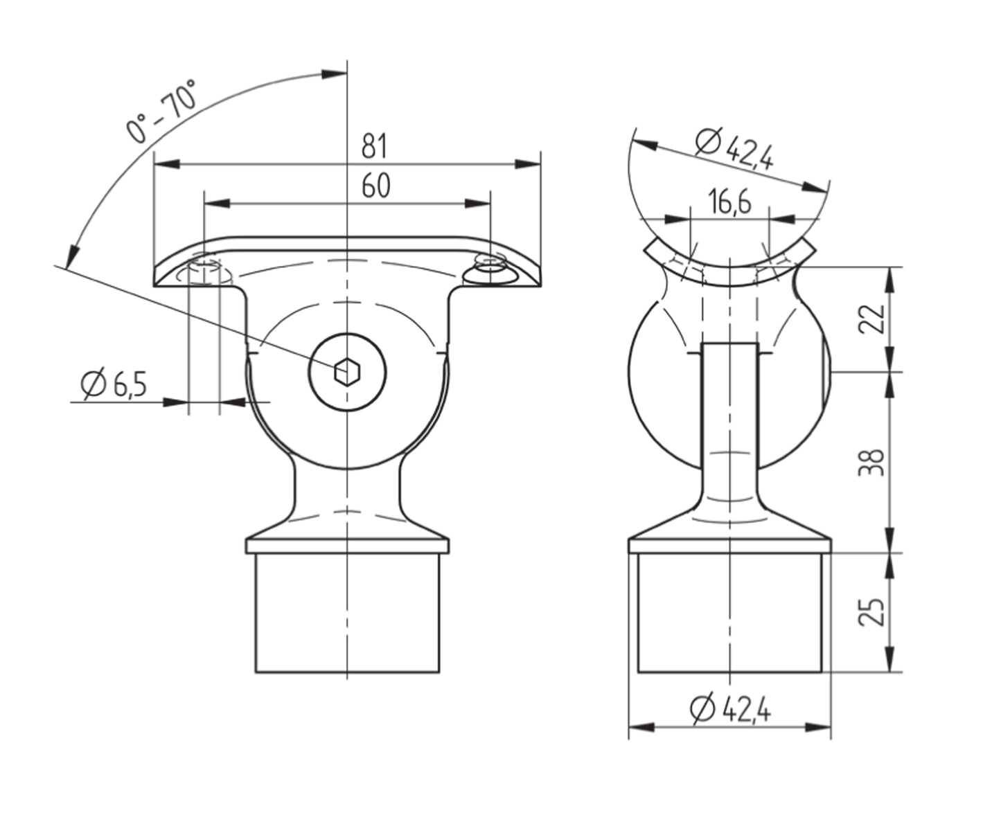 Support de Main Courante Inox – Support réglable angle – Ref. 65 - schema