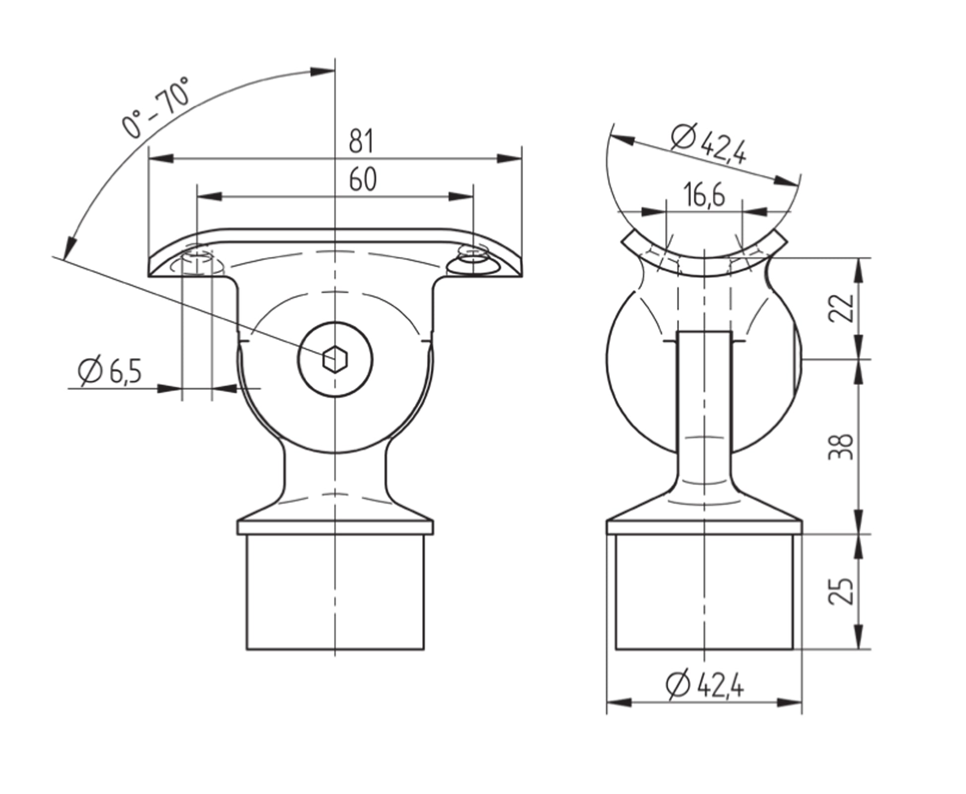 Support de Main Courante Inox – Support réglable angle – Ref. 65 - schema