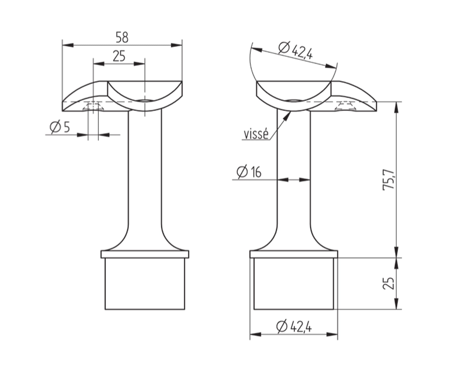Support de Main Courante Inox – Support encastré mural – Ref. 57 - schema