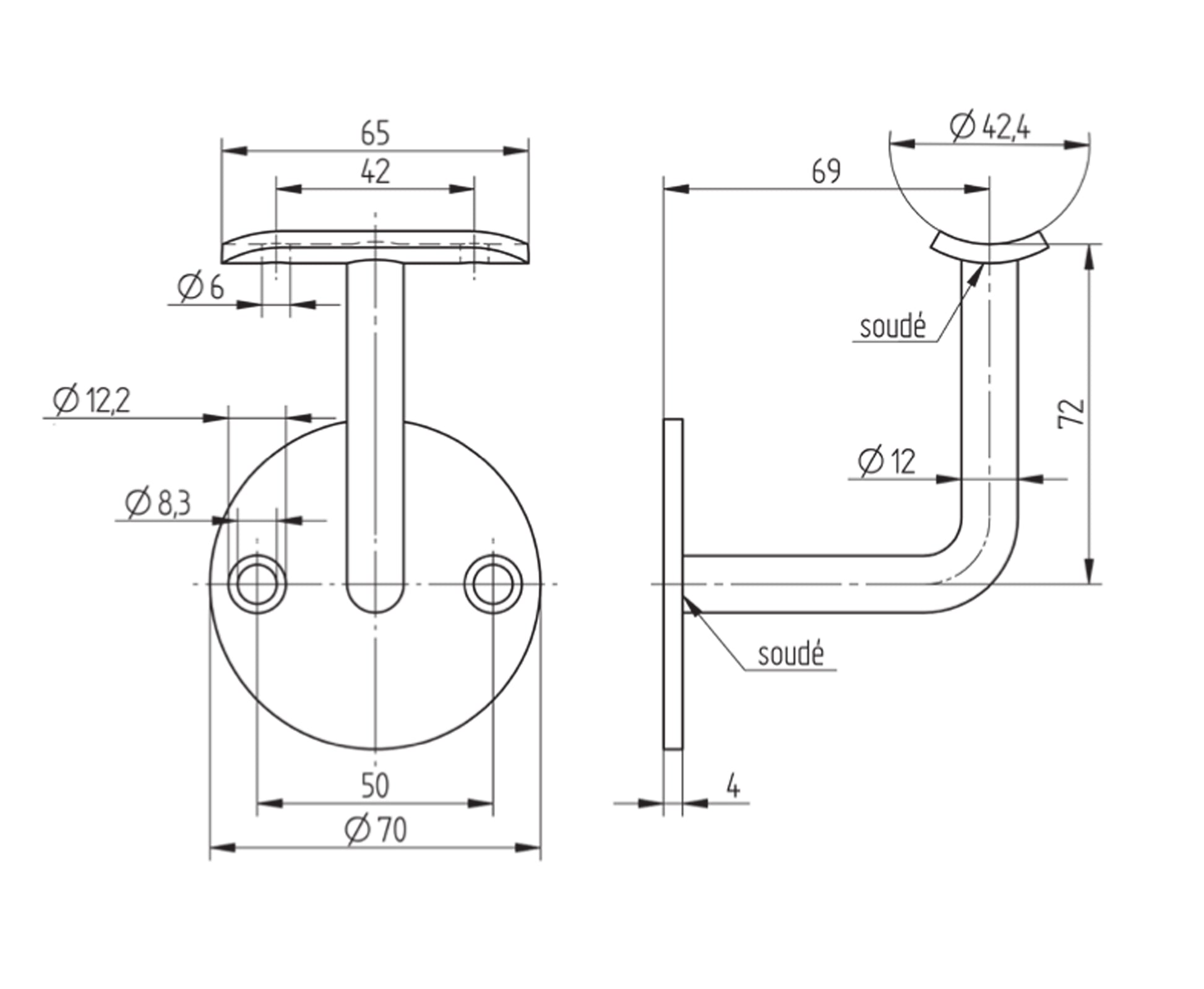 Support de Main Courante Inox – Support sol réglable – Ref. 24 - schema