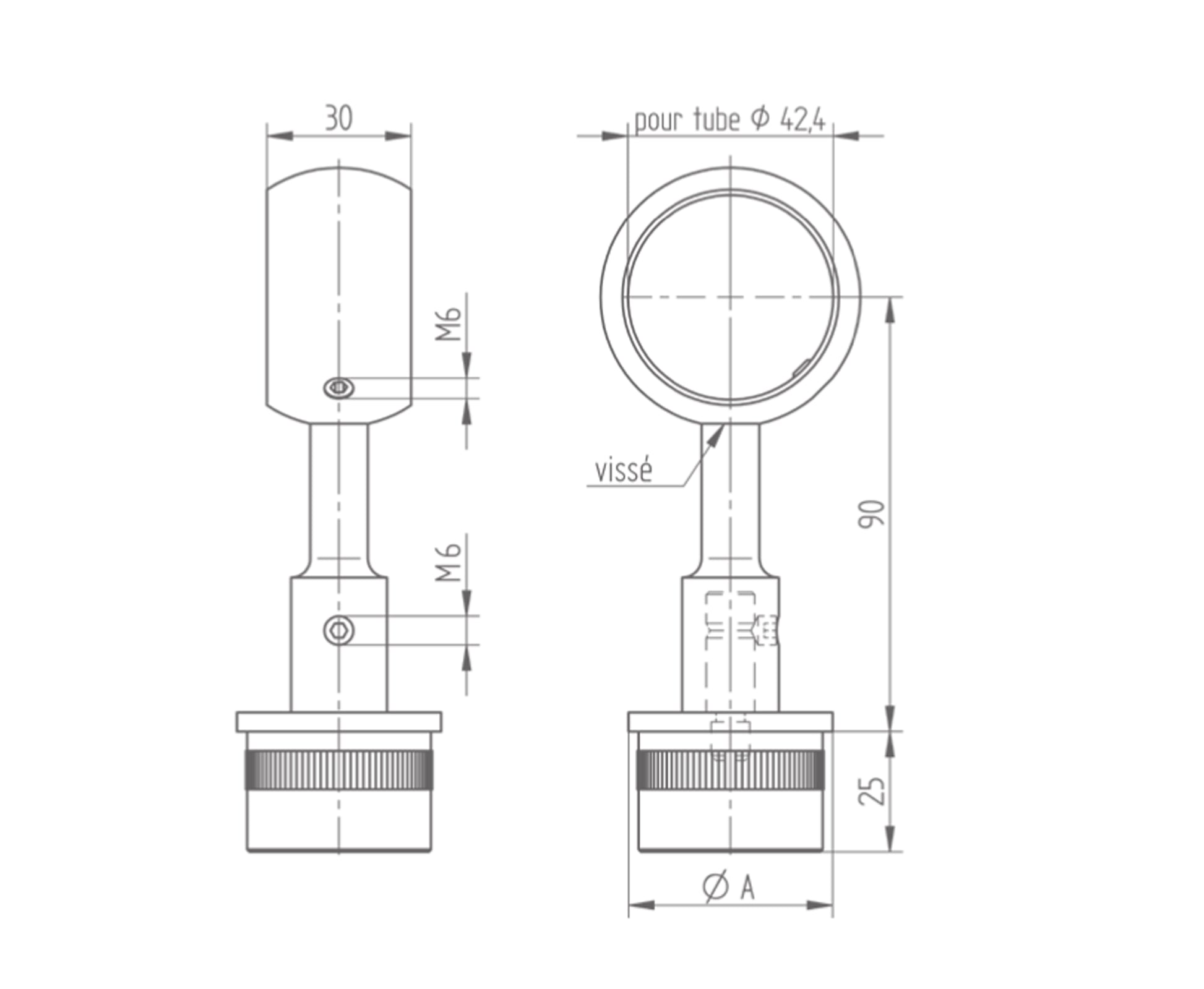 Support de Main Courante Inox – Support rotule – Ref. 68 - schema