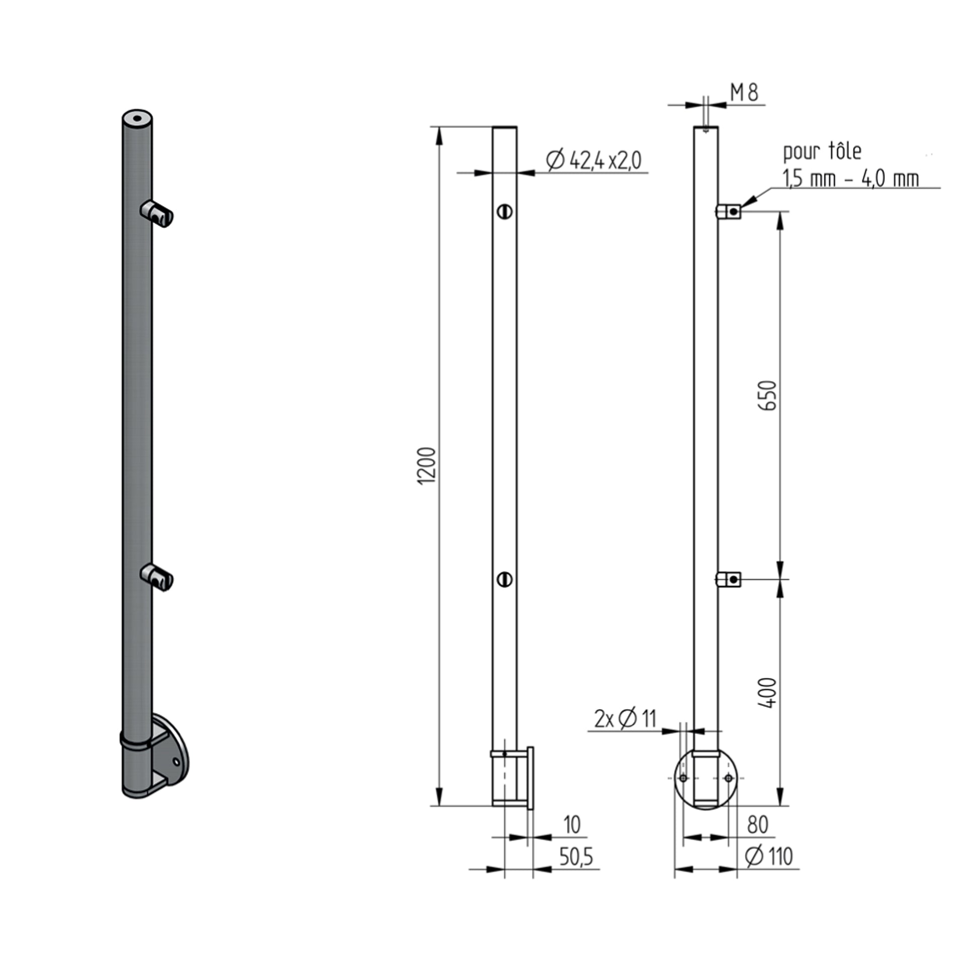 Poteau Intermédiaire Pinces Tôle Fixation Lat. Inox – Ref. 47 - photo