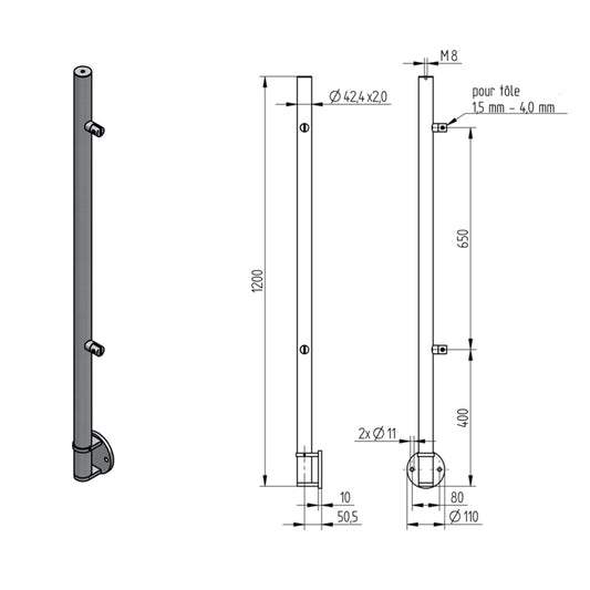 Poteau Intermédiaire Pinces Tôle Fixation Lat. Inox – Ref. 47 - photo