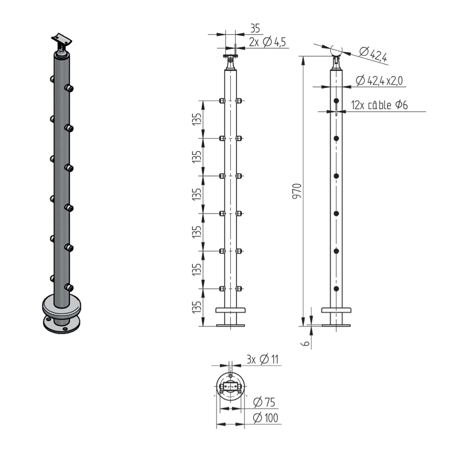 Poteau Intermédiaire Câble 6mm Inox – Ref. 17 - photo
