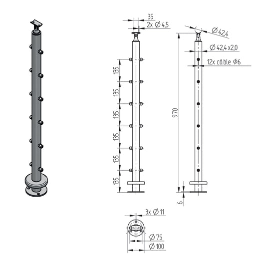 Poteau Intermédiaire Câble 6mm Inox – Ref. 17 - photo