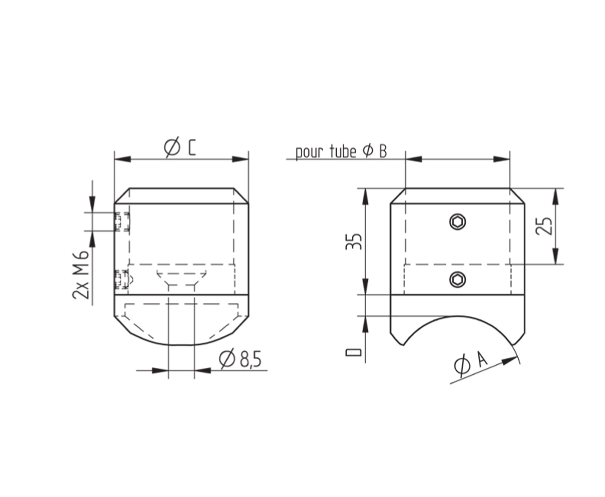Support de Lisse Inox Angle 45° - schema technique