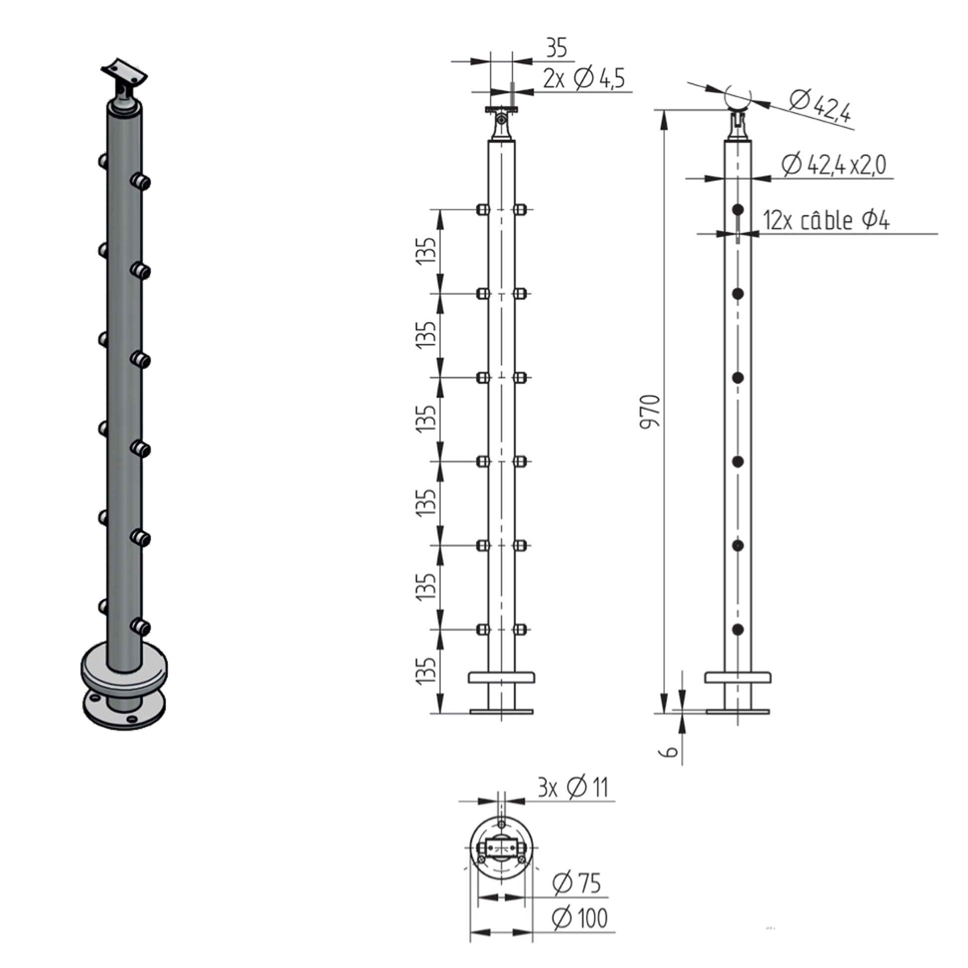 Poteau Intermédiaire Câble 4mm Inox – Ref. 14 - photo
